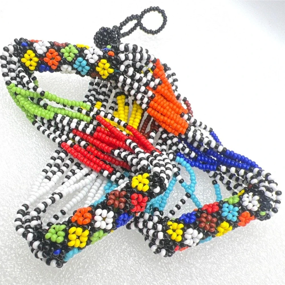 Ethnic Beaded Necklace Floral Geometric Colorful Adjustable Loop Closure Artisan